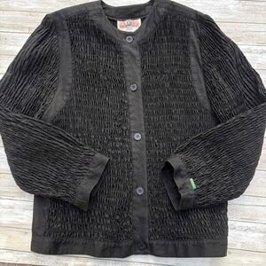VTG Gene Ewing BIS Jacket LG Black Smocked Wrinkled Rich Cotton Button Front USA